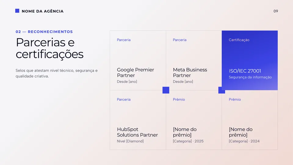 Slide de parcerias e certificações do modelo de apresentação institucional para agência Enterprise