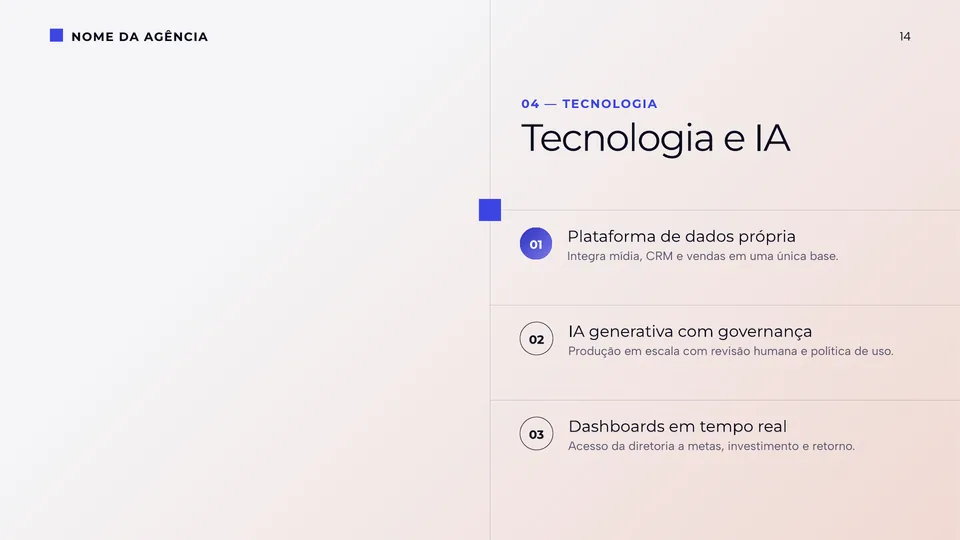 Slide de tecnologia e IA do modelo de apresentação institucional Enterprise