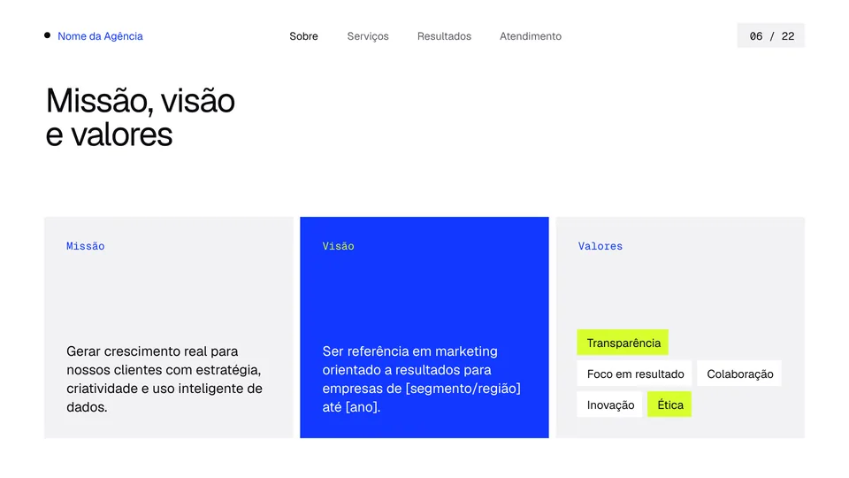 Slide de missão, visão e valores da apresentação institucional de agência Essencial