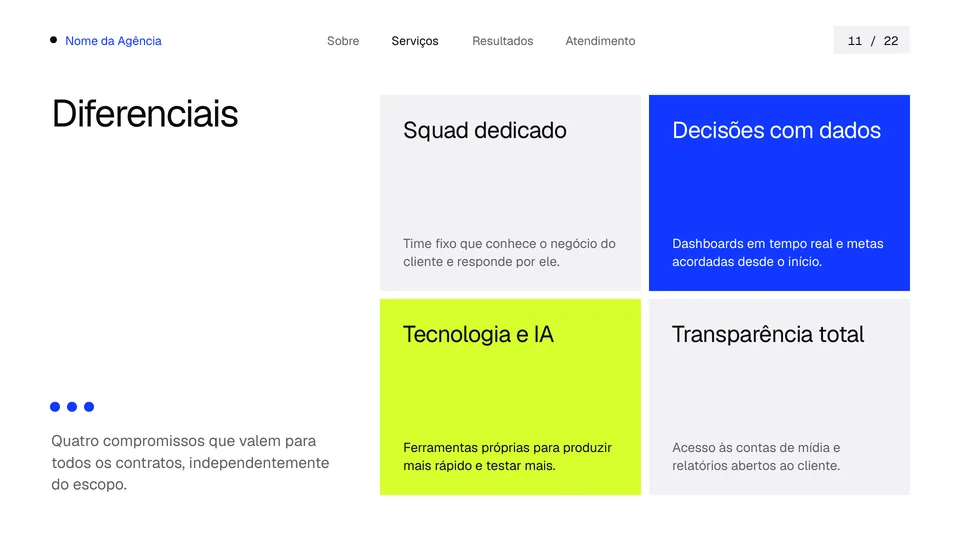 Slide de diferenciais da agência no modelo de apresentação institucional Essencial