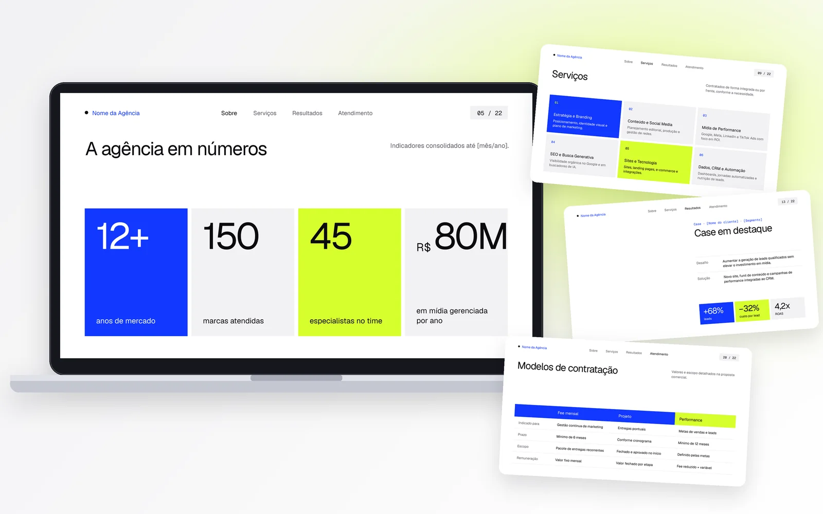 Mockup do modelo de apresentação institucional para agência Essencial com slides de números, serviços, case e contratação