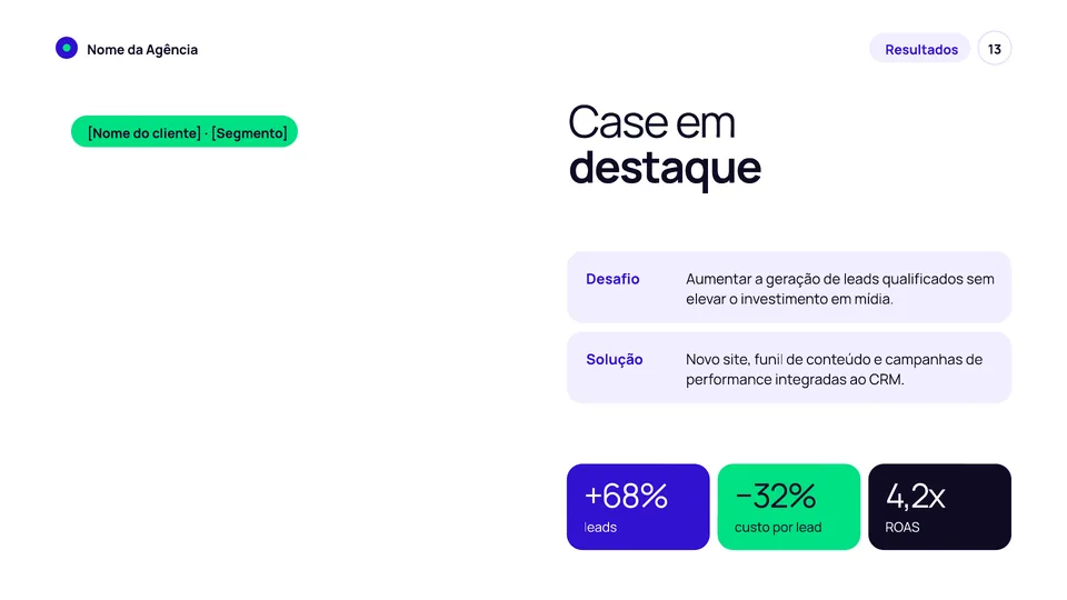 Slide de case em destaque com indicadores do modelo de apresentação institucional Pro